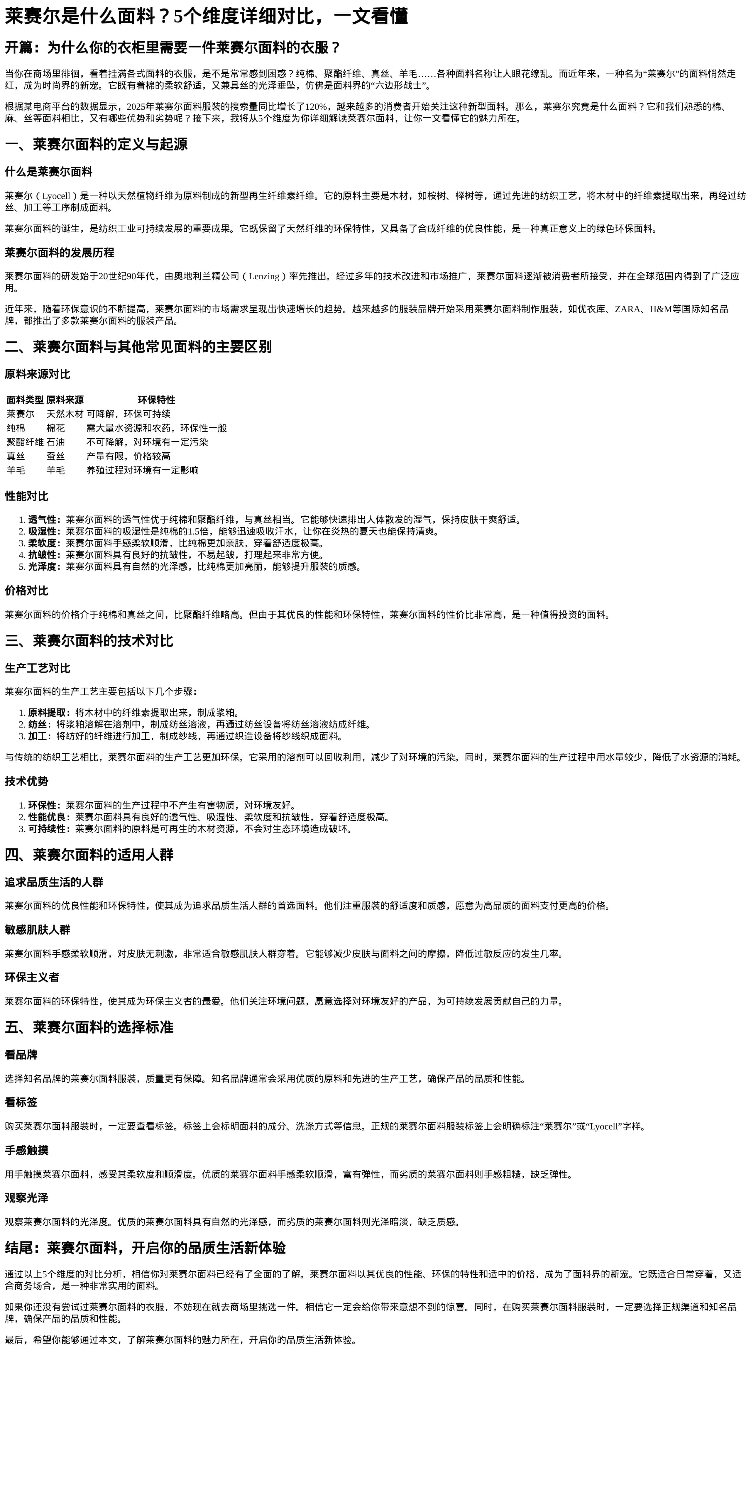 莱赛尔面料深度解析