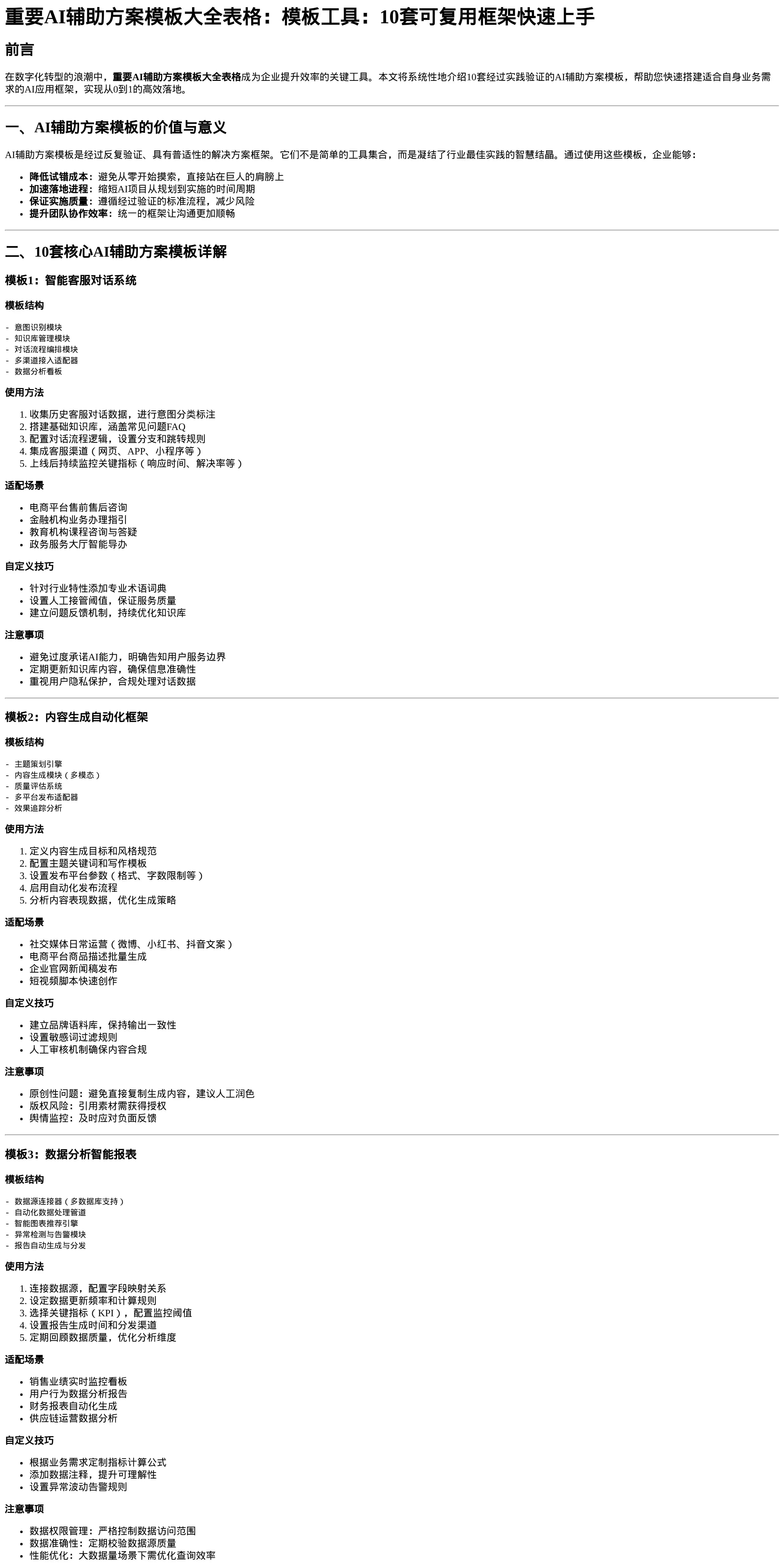 重要AI辅助方案模板大全表格：模板工具：10套可复用框架快速上手