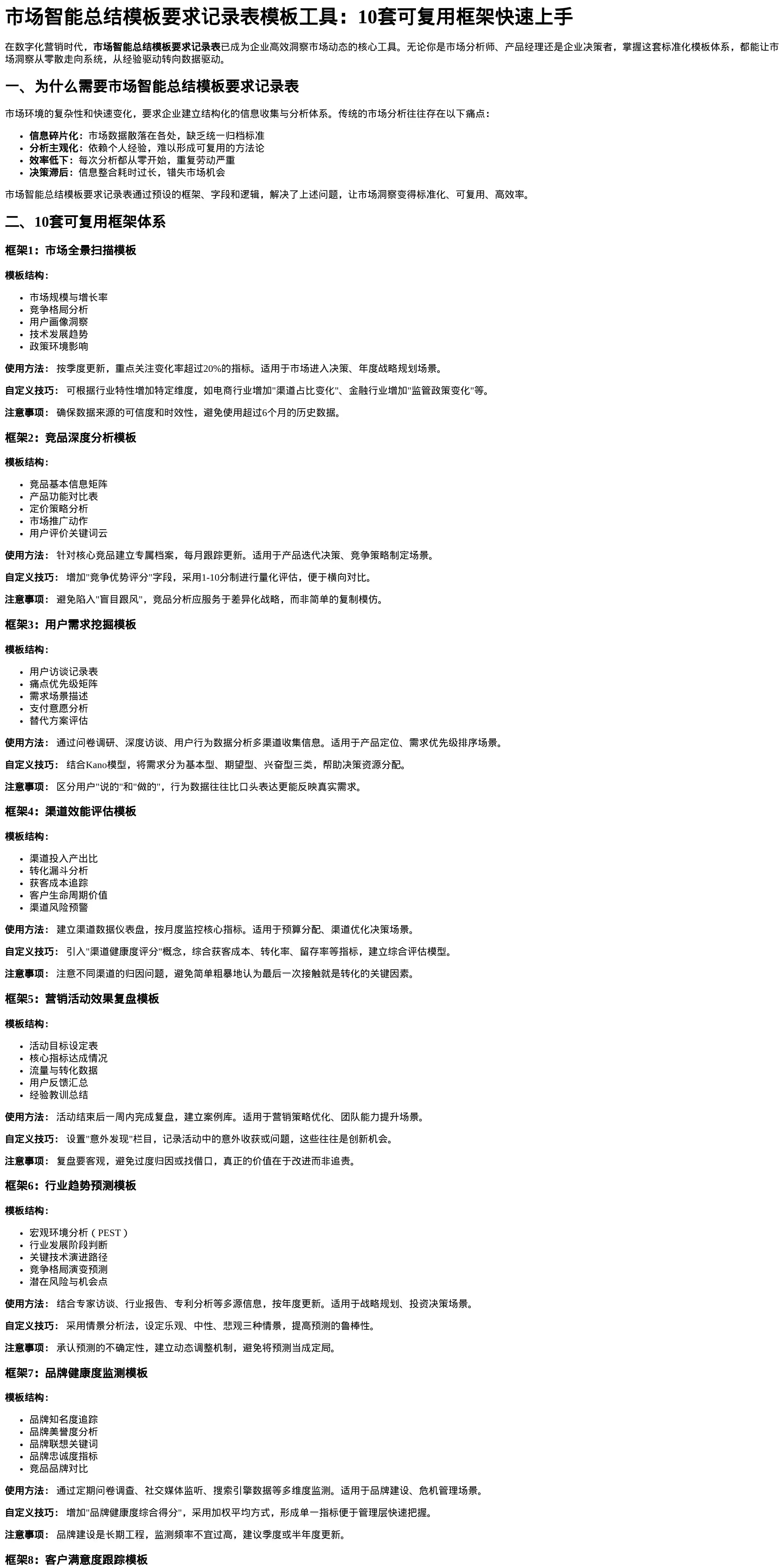市场智能总结模板要求记录表模板工具：10套可复用框架快速上手